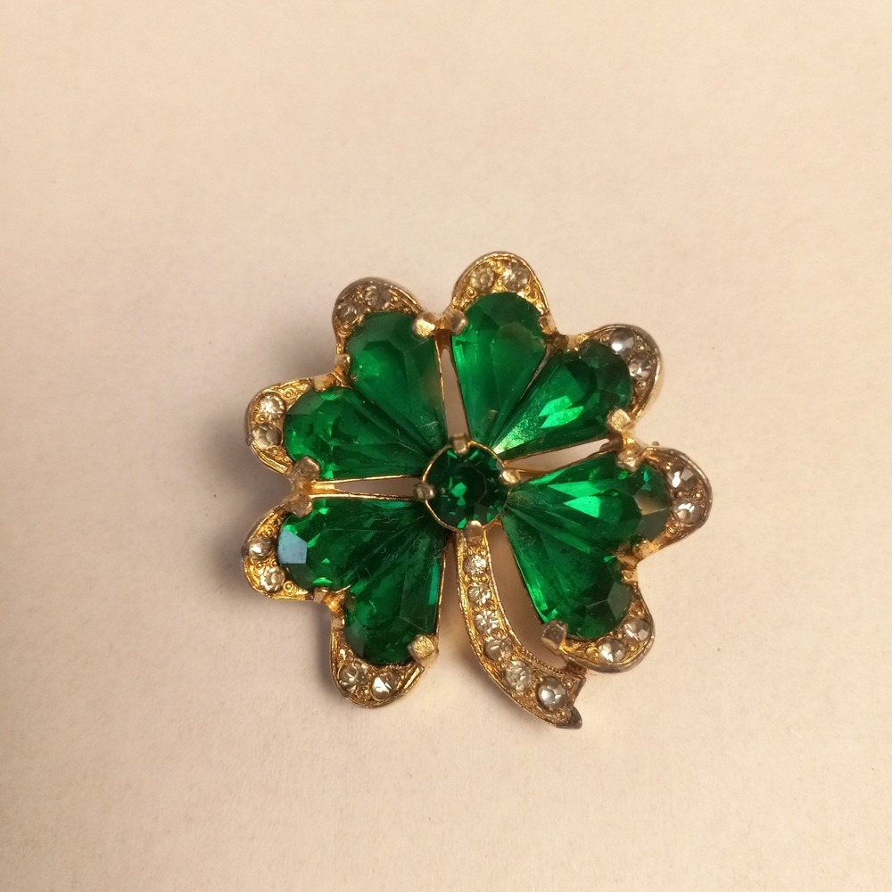 Eisenberg Vintage Green Rhinestone Four Leaf Clover Shamrock Brooch Gold Tone